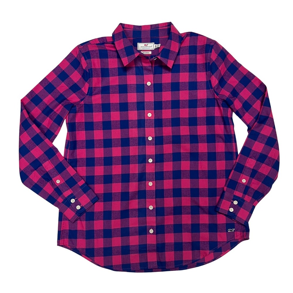 Vineyard Vines‎ Women's Size 8 Relaxed Fit Performance Shirt Pink Blue Check